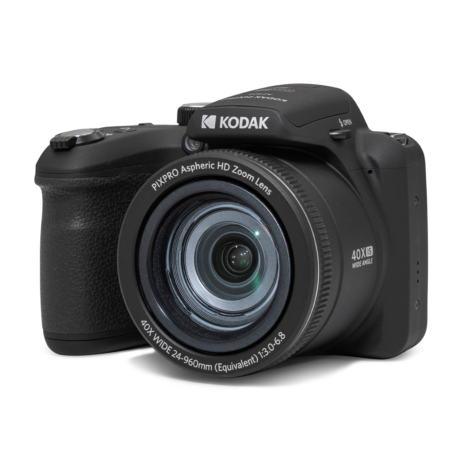 Fotocamera Kodak nera con obiettivo prominente. Ha obiettivo zoom e flash.
