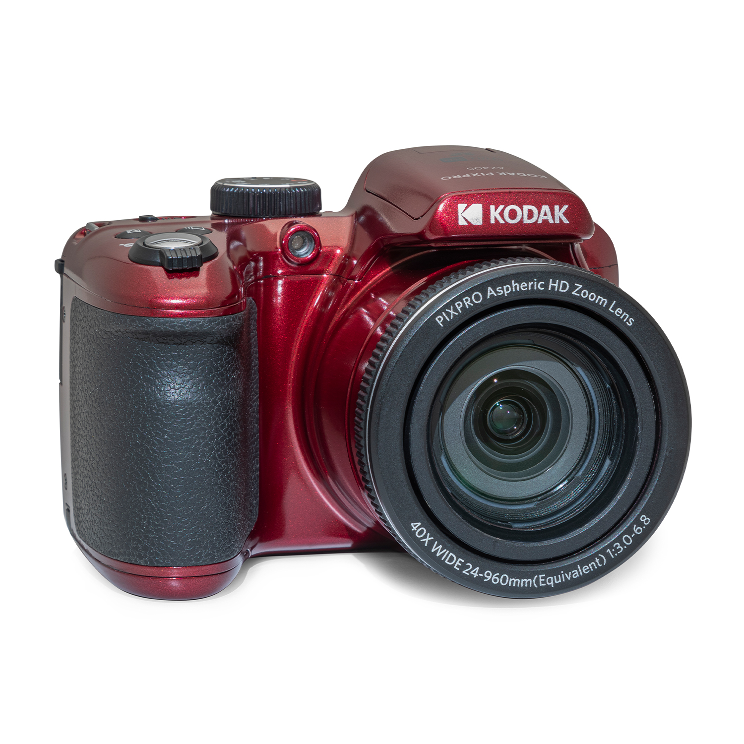 Fotocamera Kodak Pixpro rossa, vista frontale, sfondo bianco.