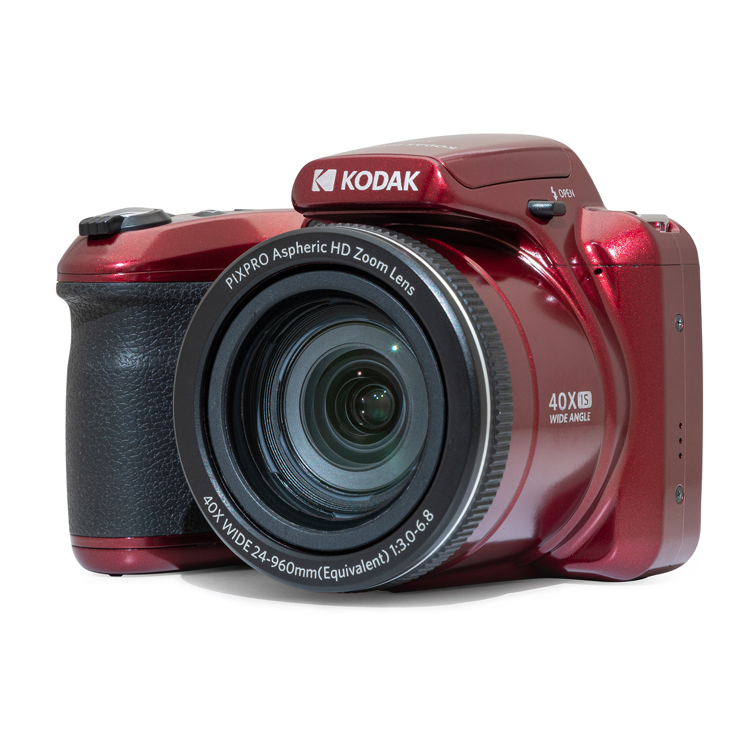 Fotocamera Kodak rossa con obiettivo zoom, impugnatura nera e flash aperto.