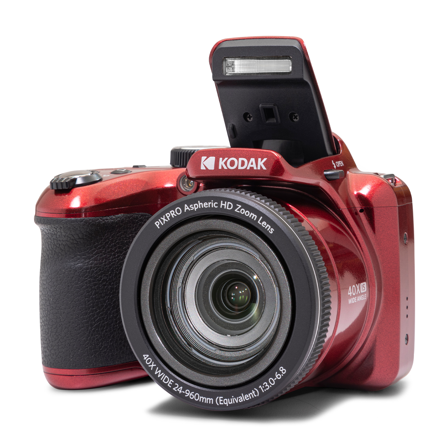 Fotocamera Kodak rossa con flash a scomparsa e obiettivo zoom.