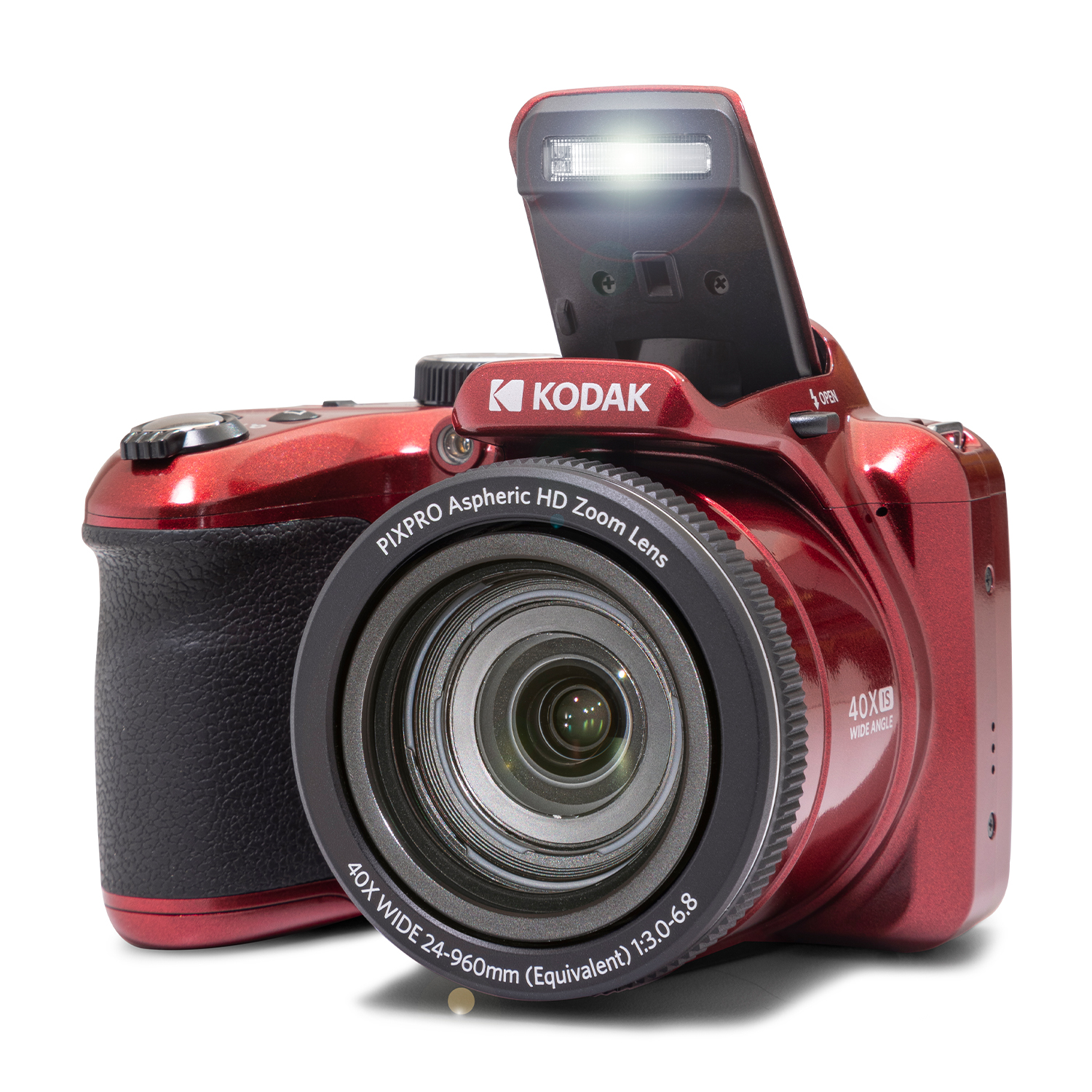 Una fotocamera Kodak rossa con flash a comparsa, obiettivo e pulsanti di controllo.