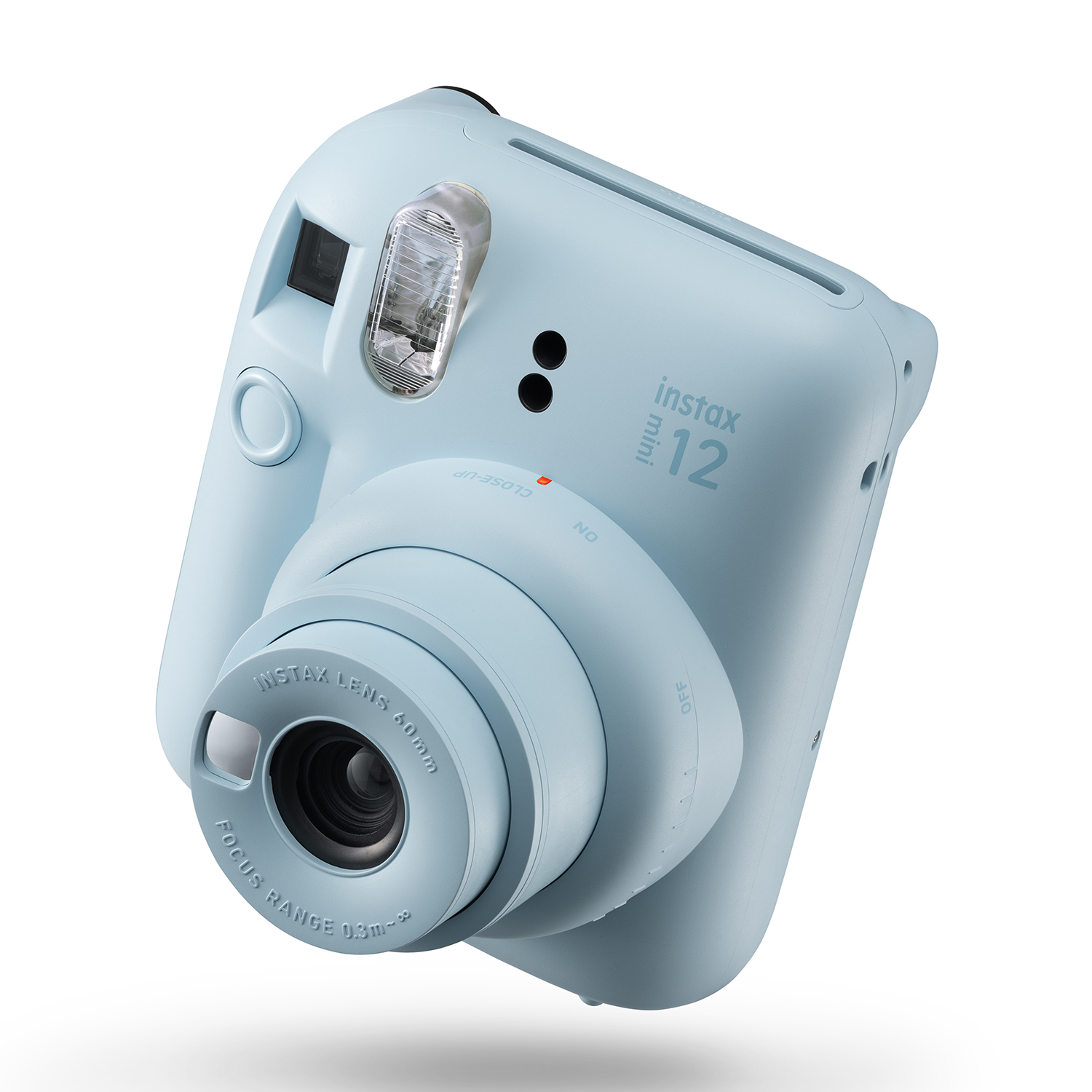 Una fotocamera Instax Mini 12 azzurra con obiettivo e flash.