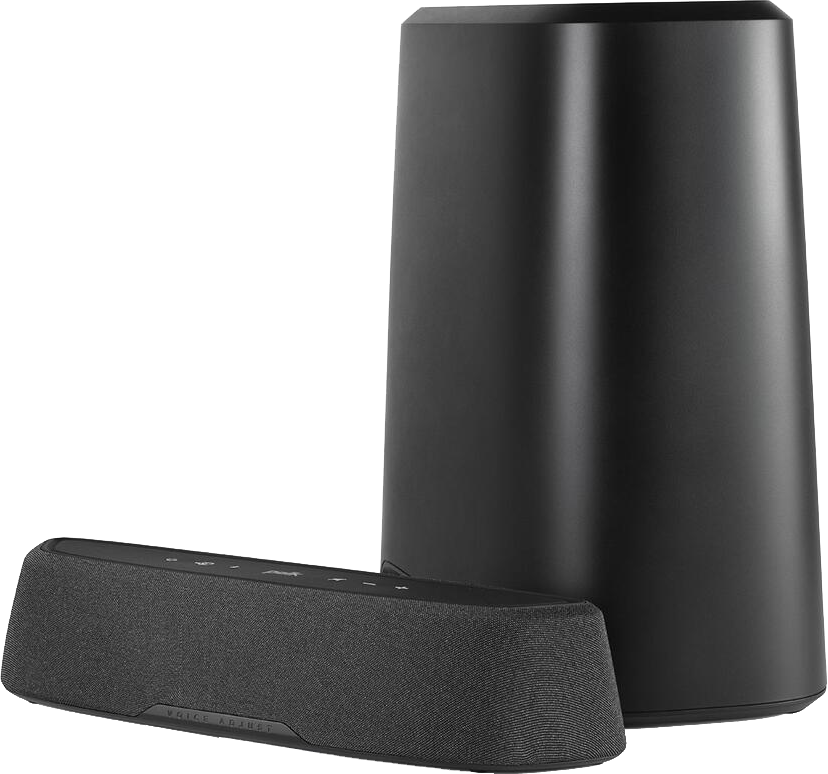 Fekete Polk Audio soundbar mélynyomóval és egy kisebb hangszóróval fehér felületen.
