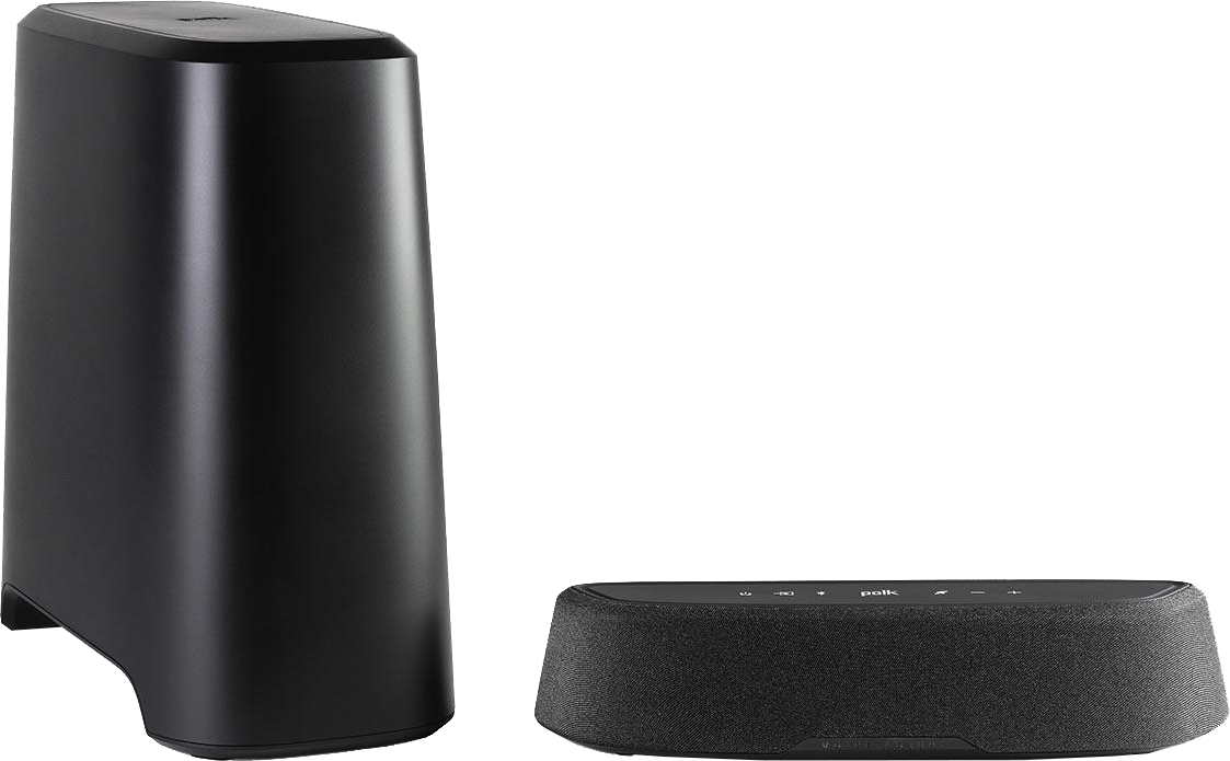 Egy fekete Polk soundbar egy fekete mélynyomóval.