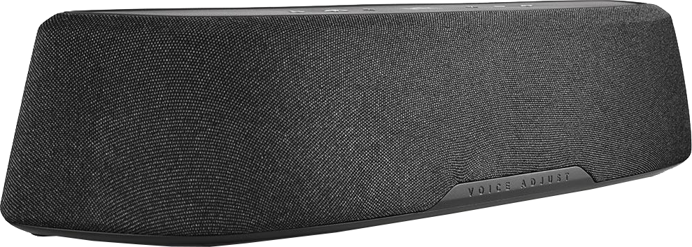 Fekete Polk Audio soundbar a Voice Adjust szöveggel fehér felületen.