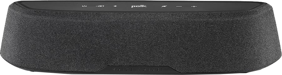 Polk soundbar, sötétszürke szövet, vezérlőgombokkal a tetején és a Polk logóval alul.