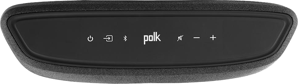 Fekete soundbar vezérlőgombokkal és a 'Polk' márkanévvel az elején.