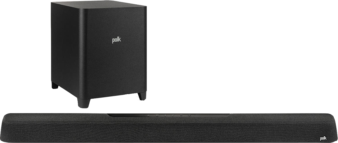 Egy fekete mélynyomó és egy fekete soundbar egymás mellett.
