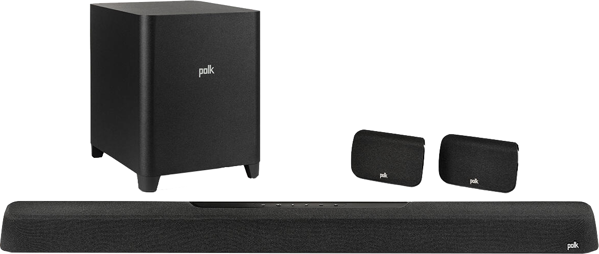 Fekete Polk soundbar mélynyomóval és szatellit hangszórókkal.
