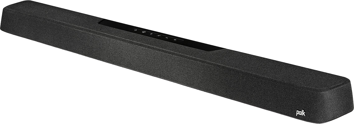 Egy fekete soundbar fekete háttéren. A Polk logója van rajta.