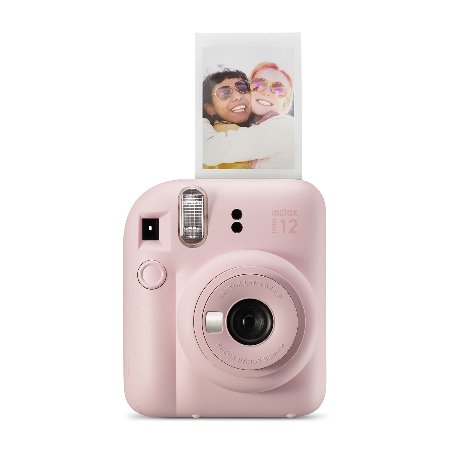 Fotocamera Instax 12 rosa con foto di due donne. La fotocamera ha obiettivo, flash e pulsanti.