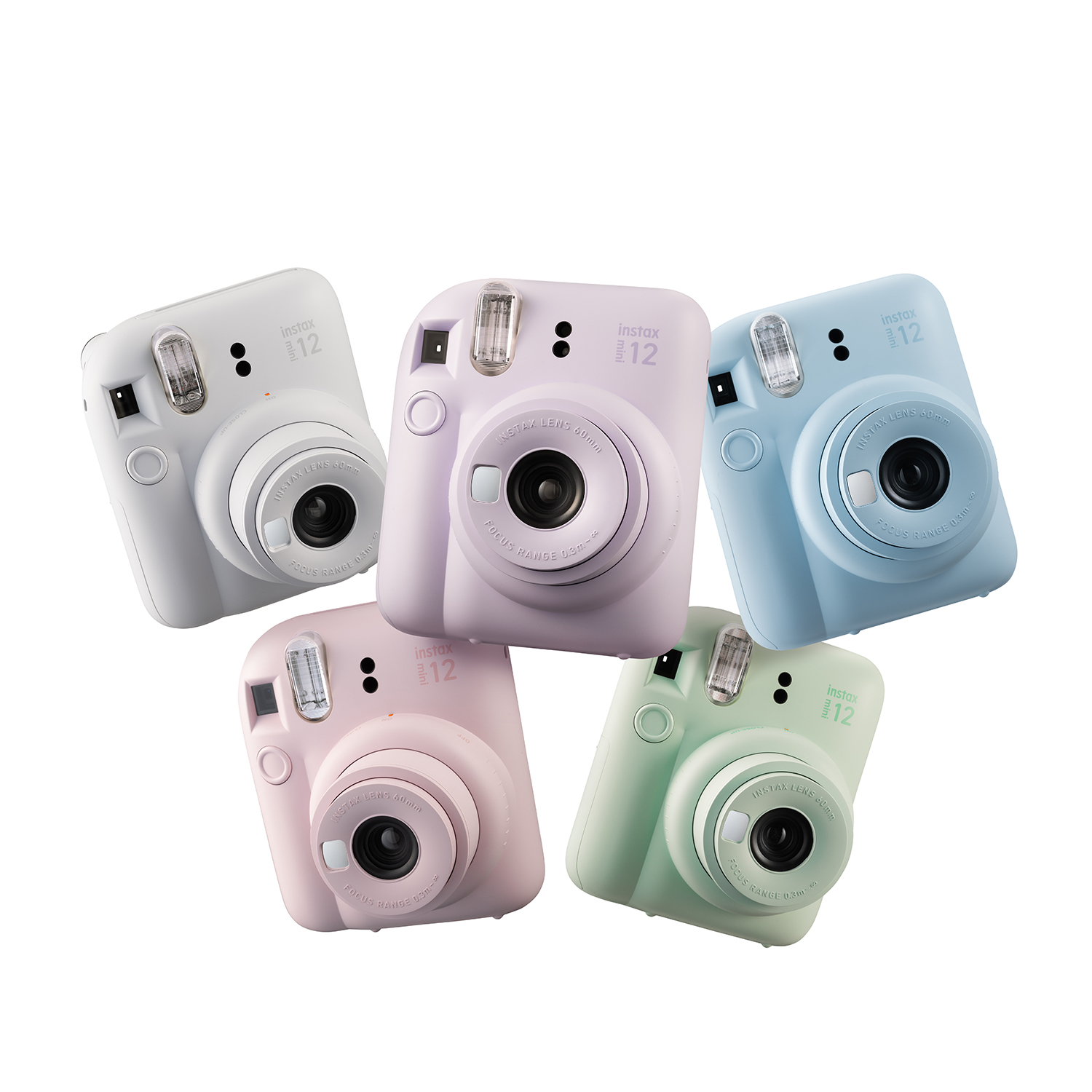 Cinque fotocamere Instax i12 in vari colori, disposte su sfondo bianco.
