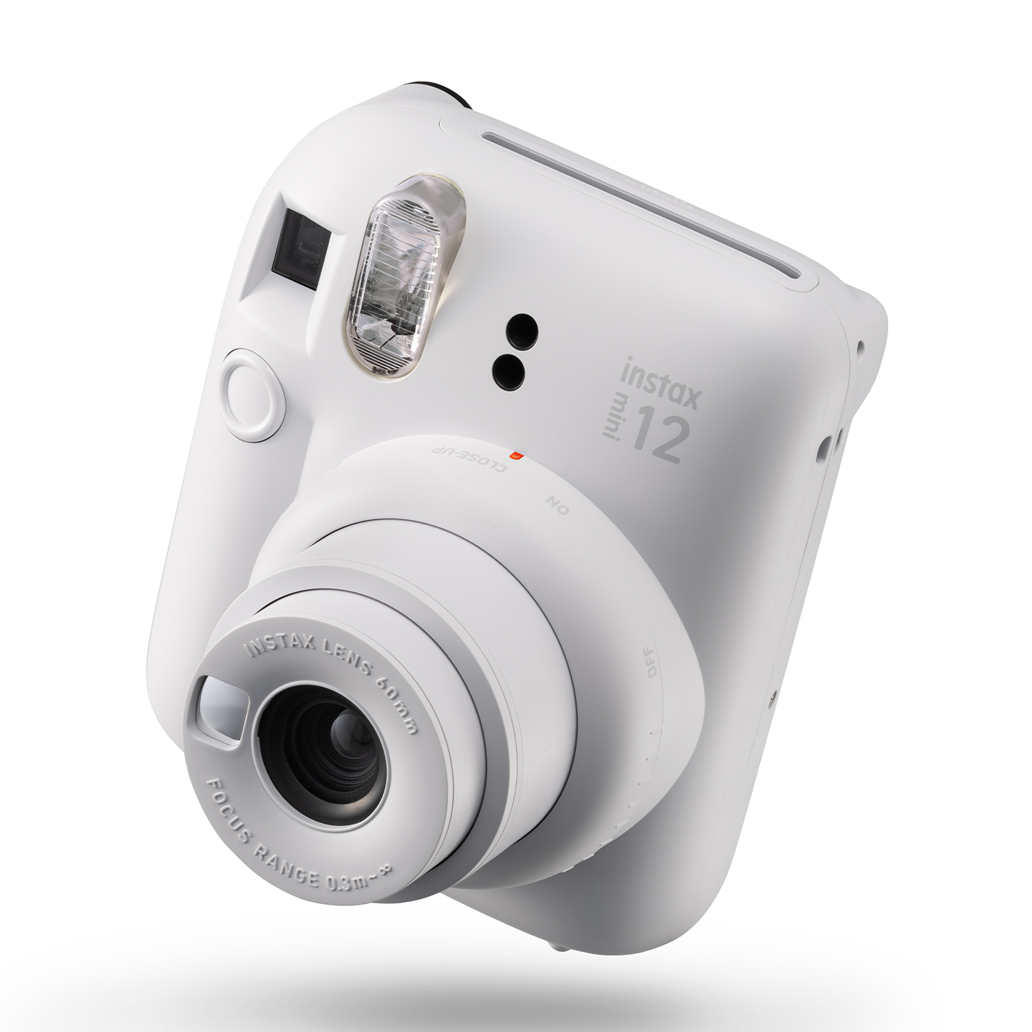 Fotocamera Instax Mini 12 bianca con obiettivo e flash.