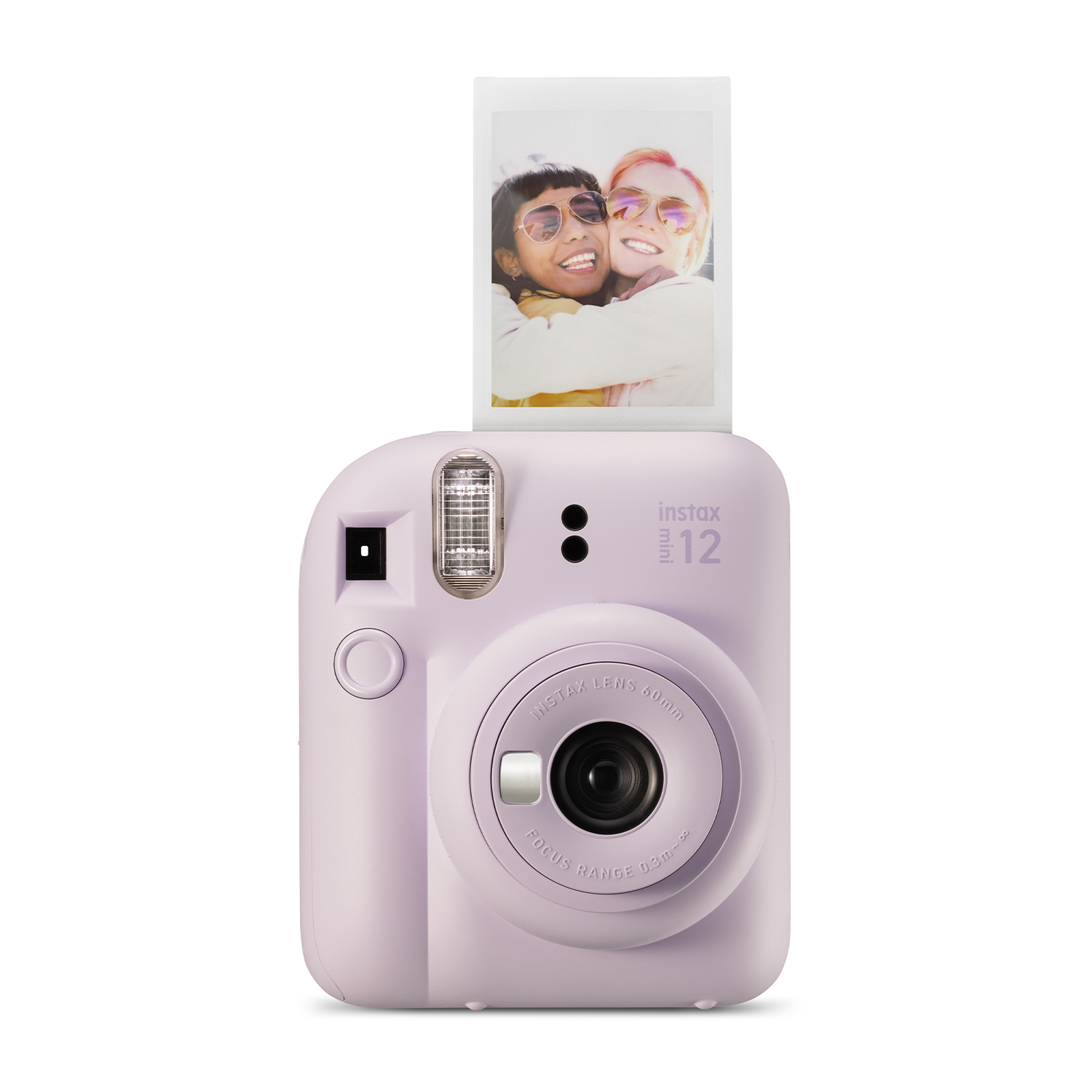 Una fotocamera Instax 12 lavanda con una foto stampata di due donne sorridenti.