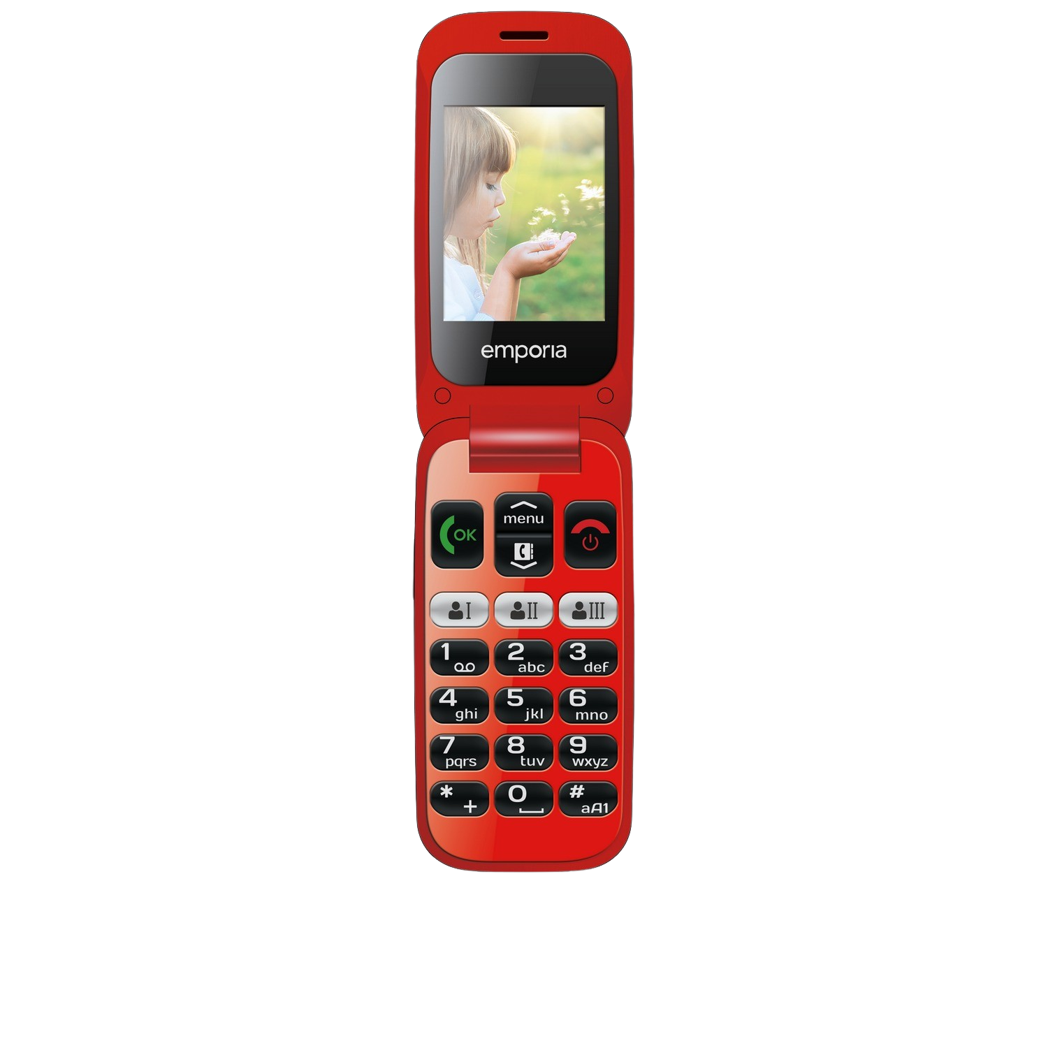 Téléphone à clapet rouge avec écran montrant une fille soufflant des pissenlits.