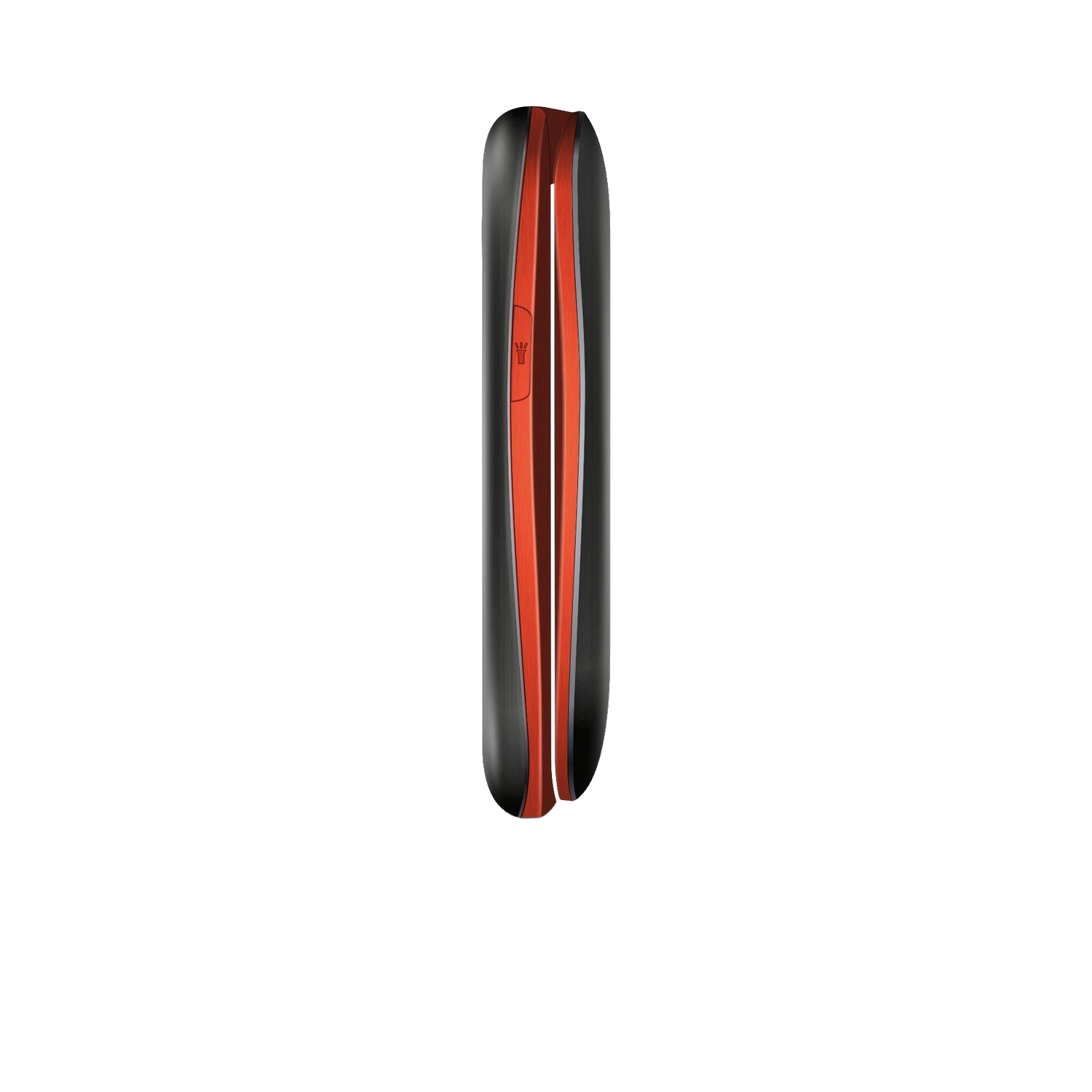 Fer à lisser, rouge et noir, avec une ligne de lumière blanche, sur fond noir.