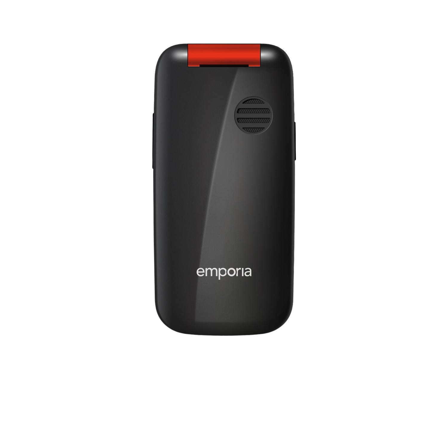 Téléphone à clapet Emporia noir avec un accent rouge sur le dessus. Le nom de la marque est visible.