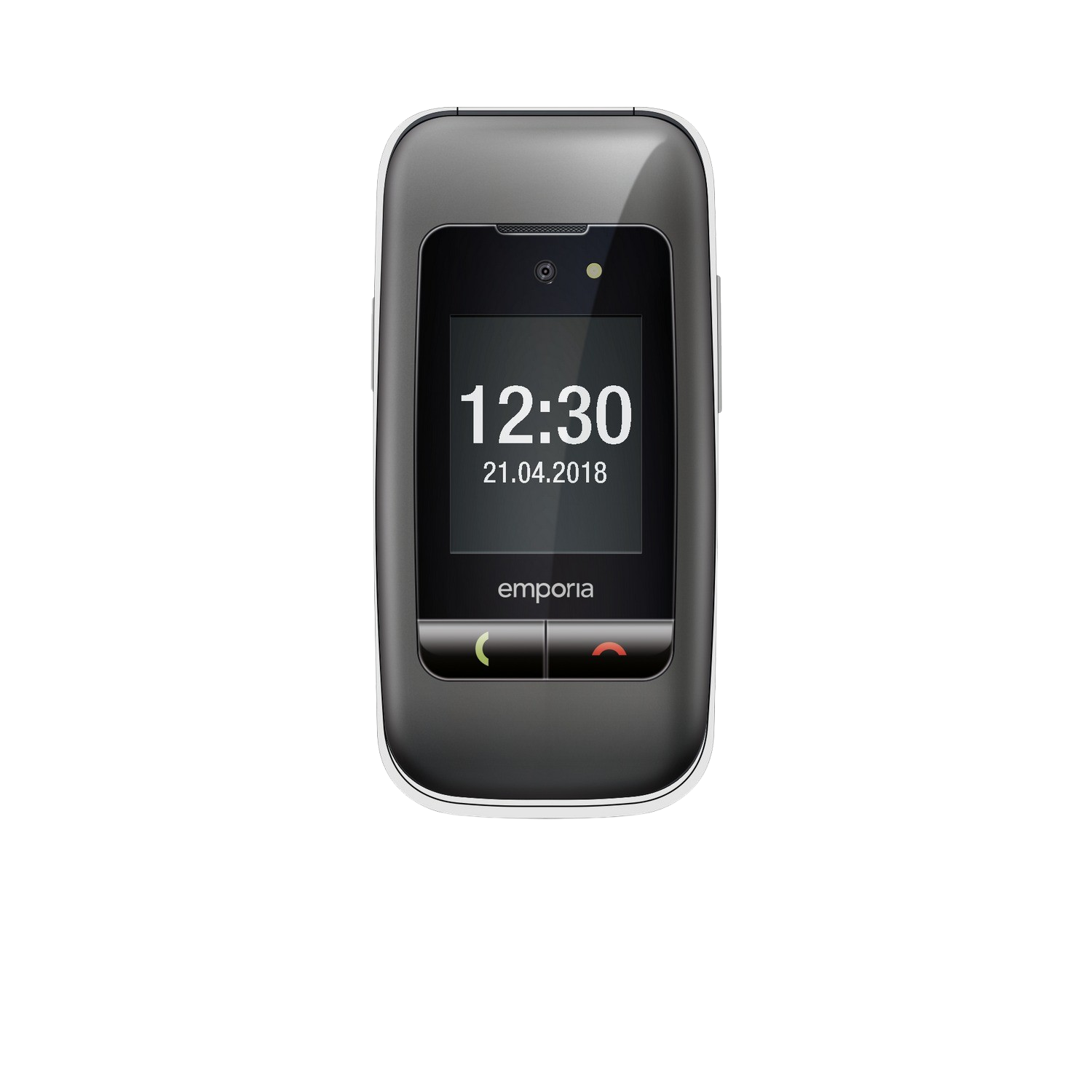 Un téléphone portable emporia noir affiche l'heure 12h30 et la date 21.04.2018. Il a des boutons d'appel verts et rouges en bas.