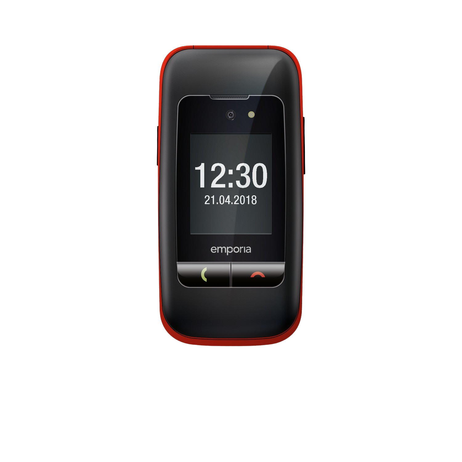 Téléphone Emporia noir et rouge avec l'heure 12h30 à l'écran.