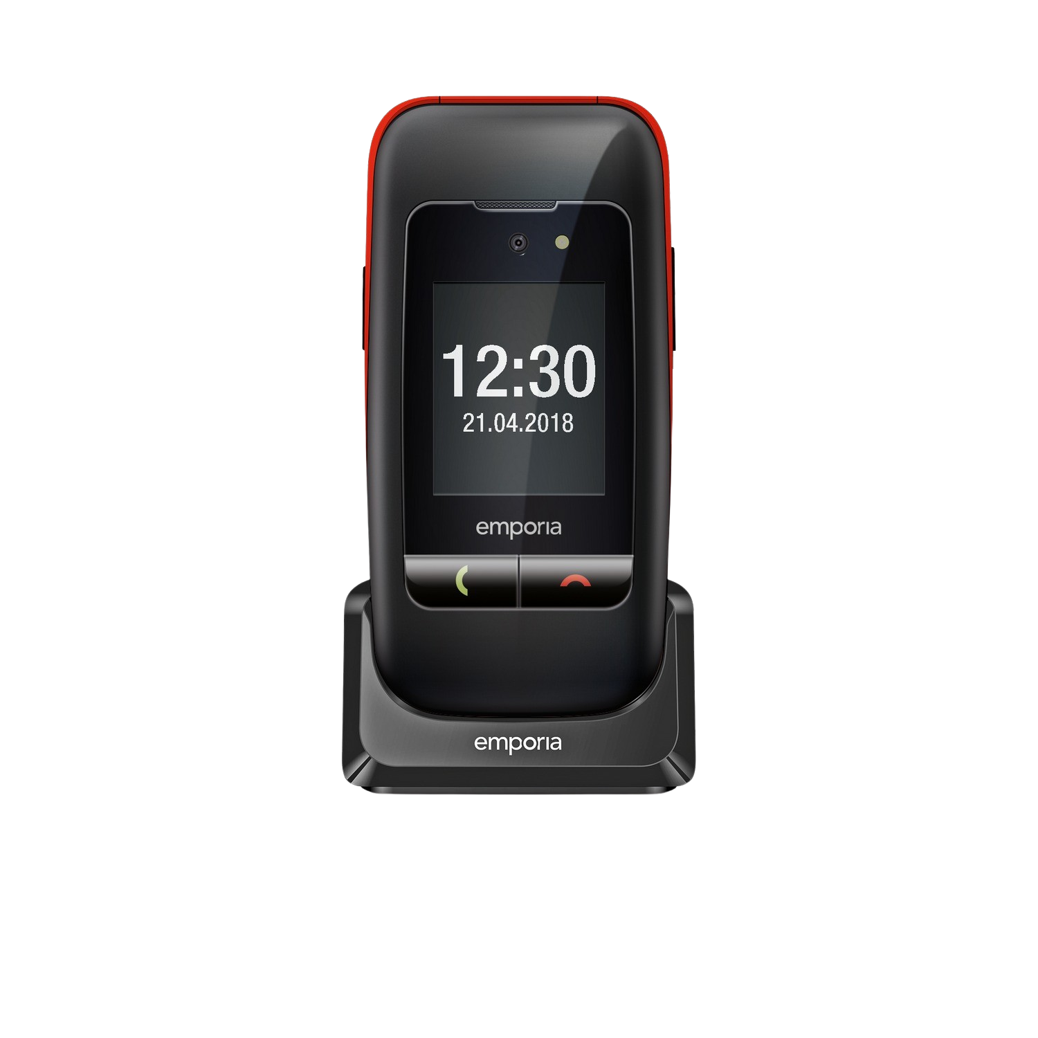 Un téléphone emporia noir et rouge et un support de charge. L'écran affiche 12:30 et 21.04.2018.