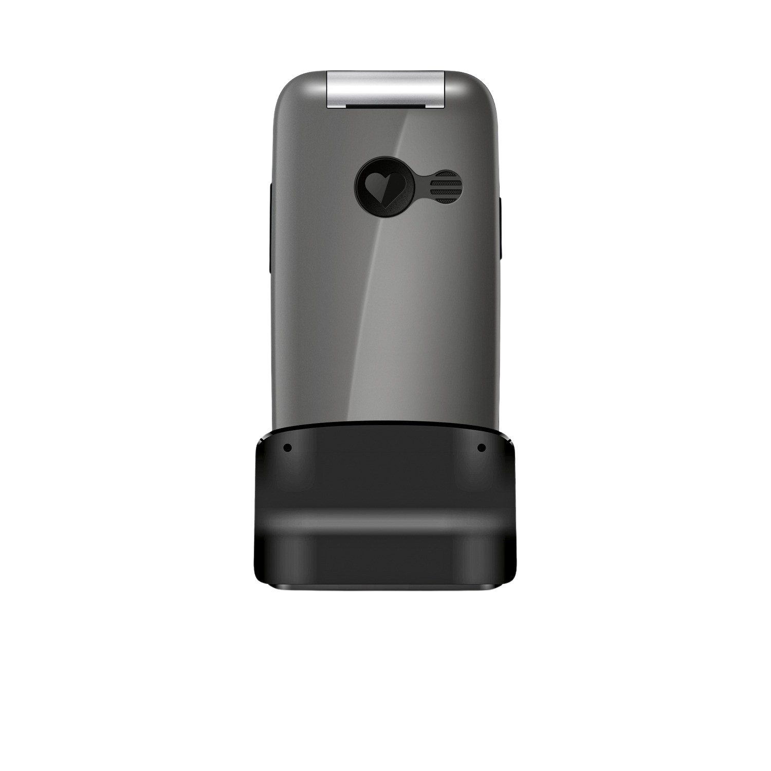 Un téléphone à clapet gris est sur une base noire. Le téléphone a un logo cœur et un haut-parleur. Le fond est noir uni.