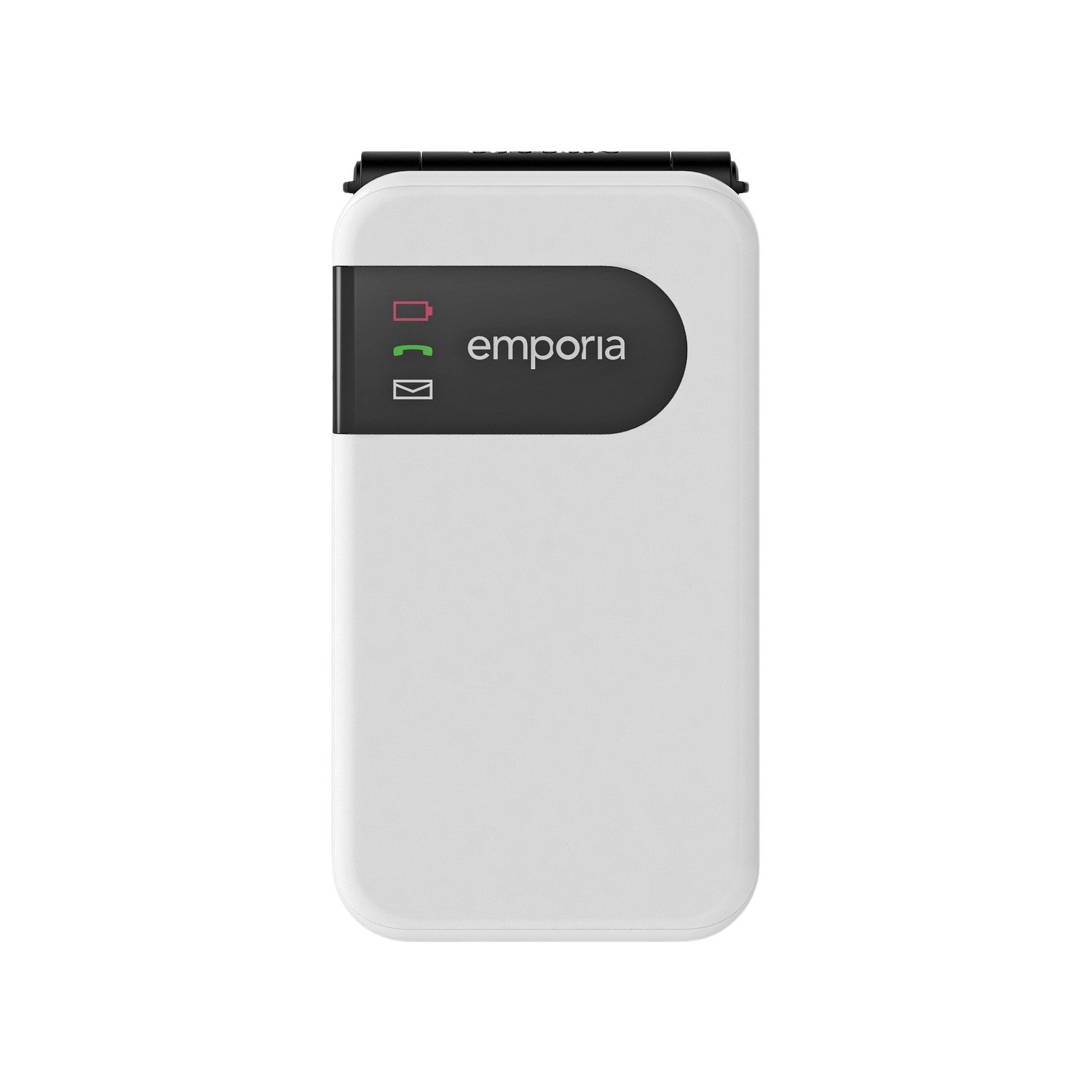 Appareil Emporia blanc. Affiche les icônes de batterie, d'appel et de message. Fond noir.