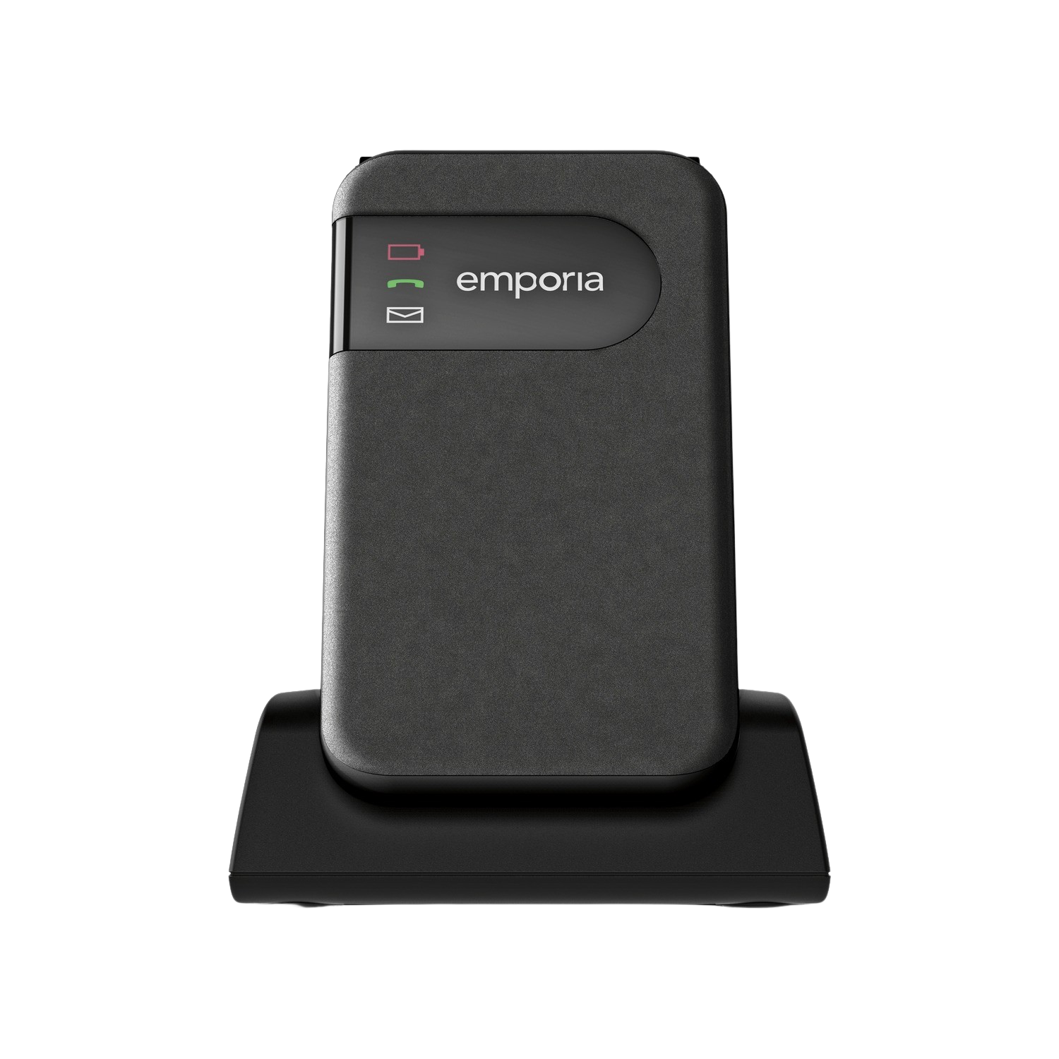 Un téléphone Emporia noir repose sur une base noire. Il a un indicateur de batterie, une icône de téléphone et une icône de courriel. Le fond est noir.