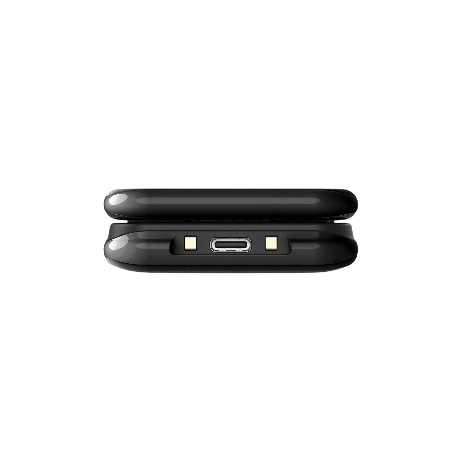 Appareil noir plié, peut-être un téléphone, sur fond noir. Visibles un port USB-C et deux petits carrés.