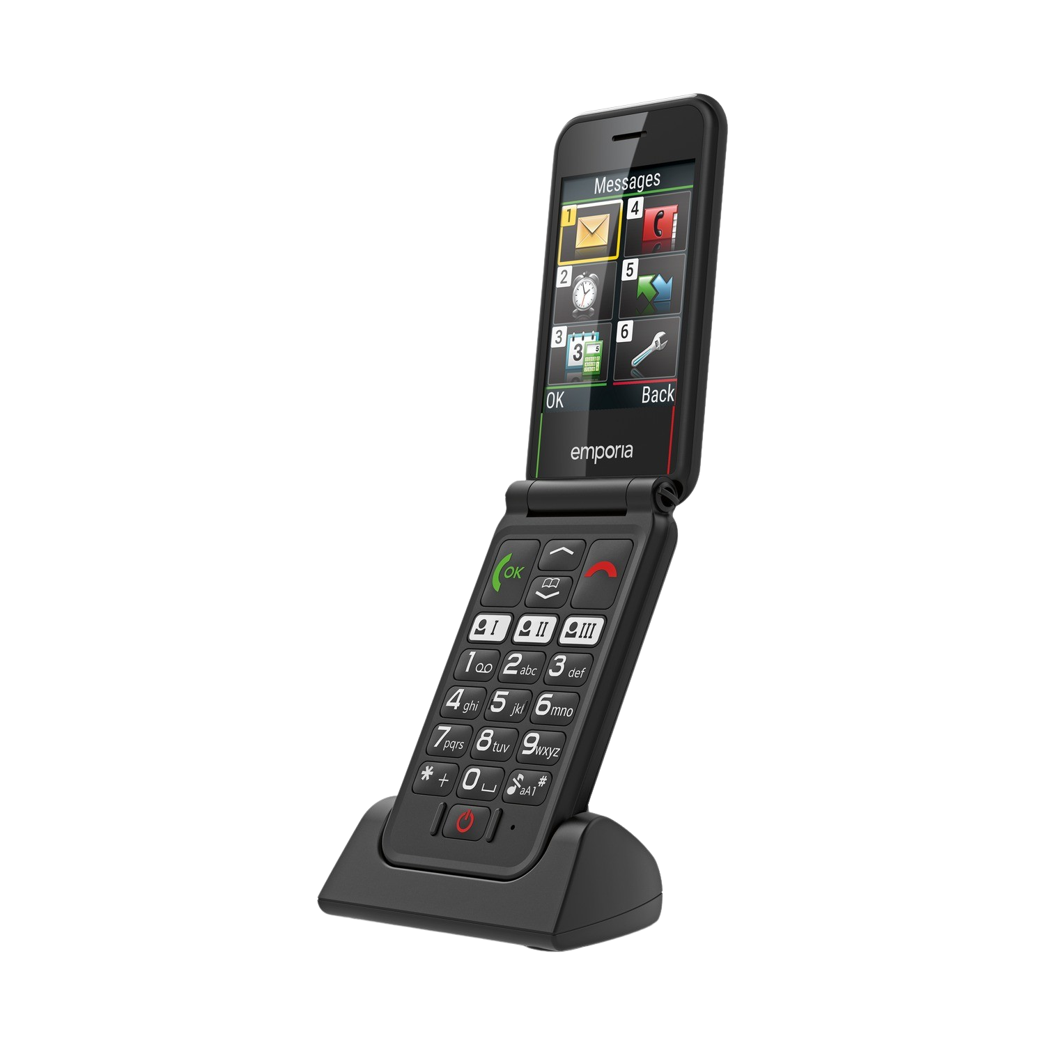 Un téléphone à clapet noir sur un socle noir. L'écran affiche des icônes pour les messages, les appels et les paramètres.