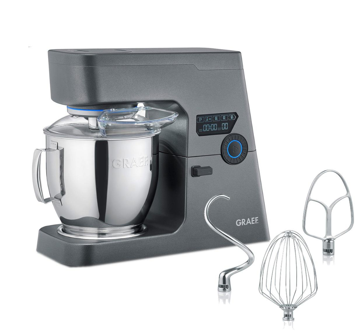 Graef Küchen-Standmixer mit Edelstahlschüssel und verschiedenen Aufsätzen.