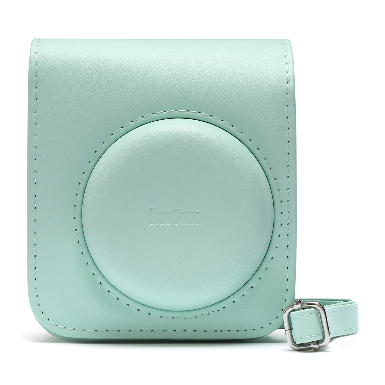 Custodia per fotocamera verde chiaro con logo instax e cinturino.