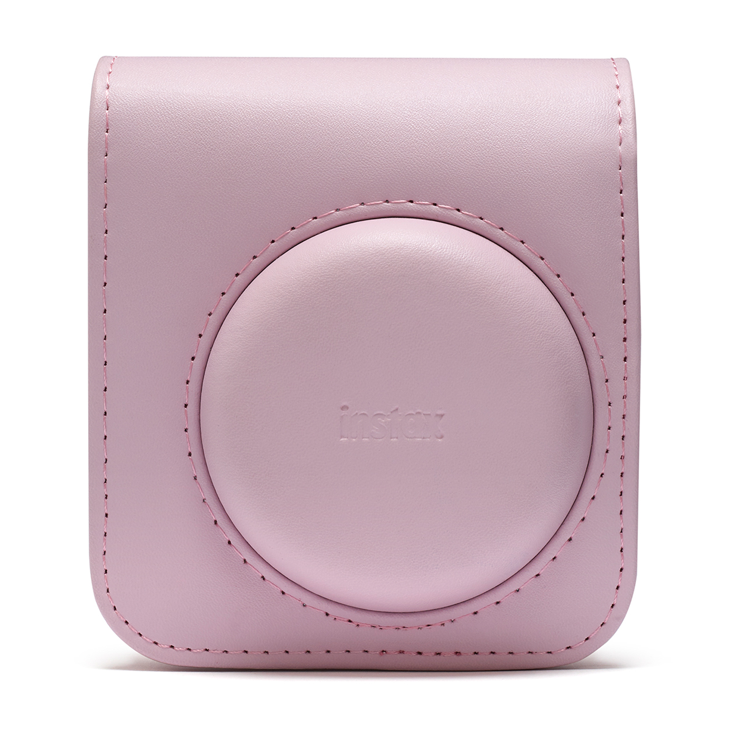 Custodia rosa per fotocamera instax, forma quadrata con instax sul davanti.