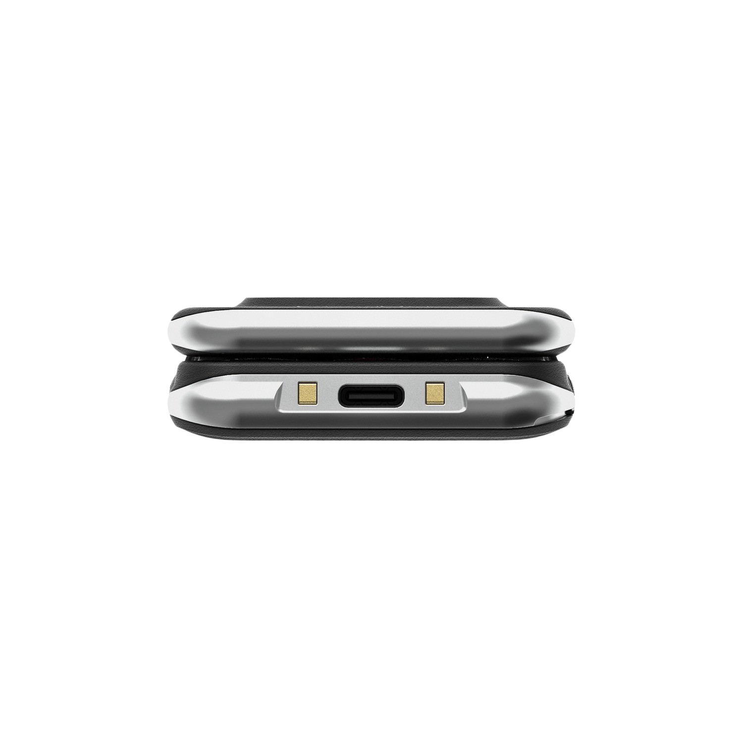 The bottom view of a folded, silver smartphone with charging port.