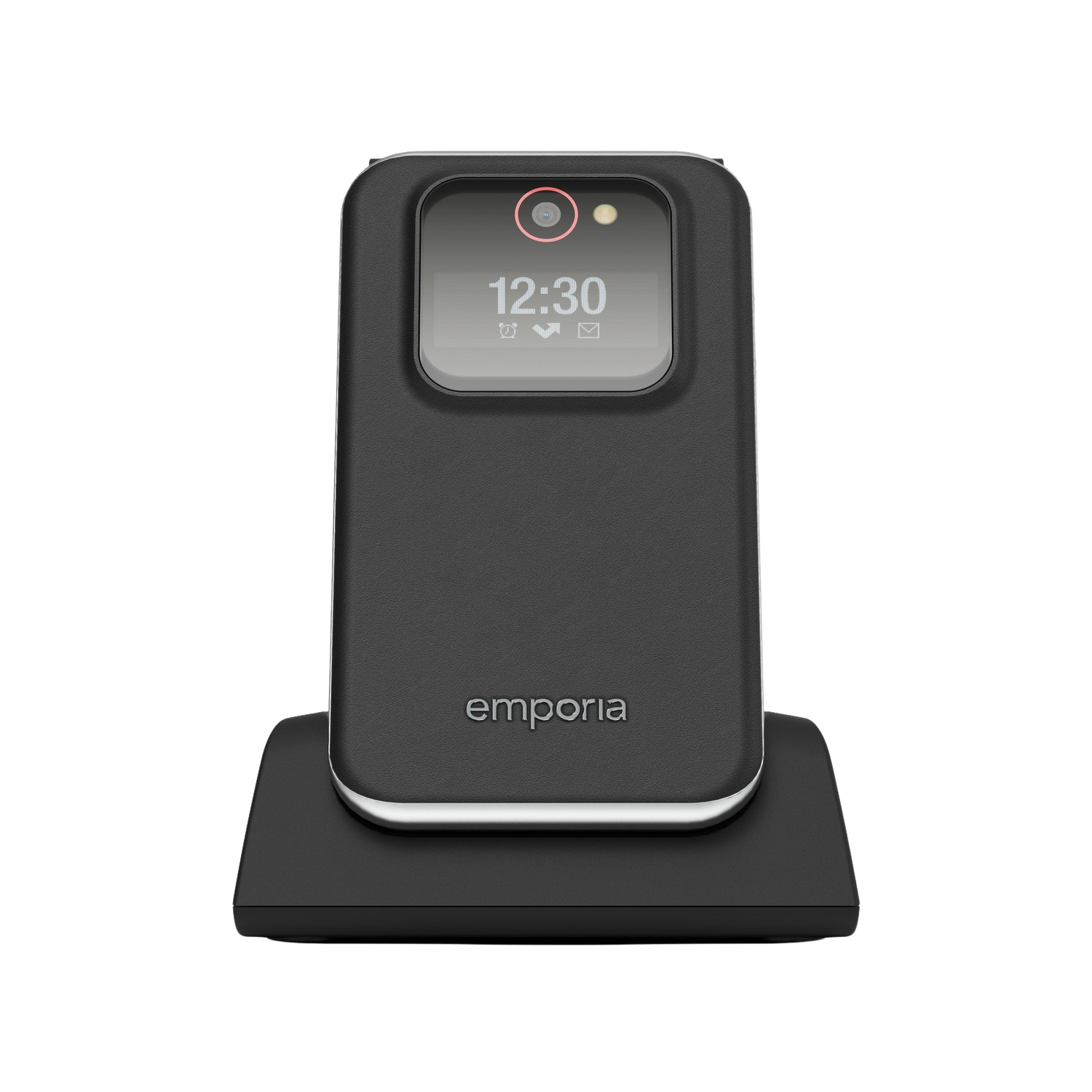 A black phone on its black charging base; top view.