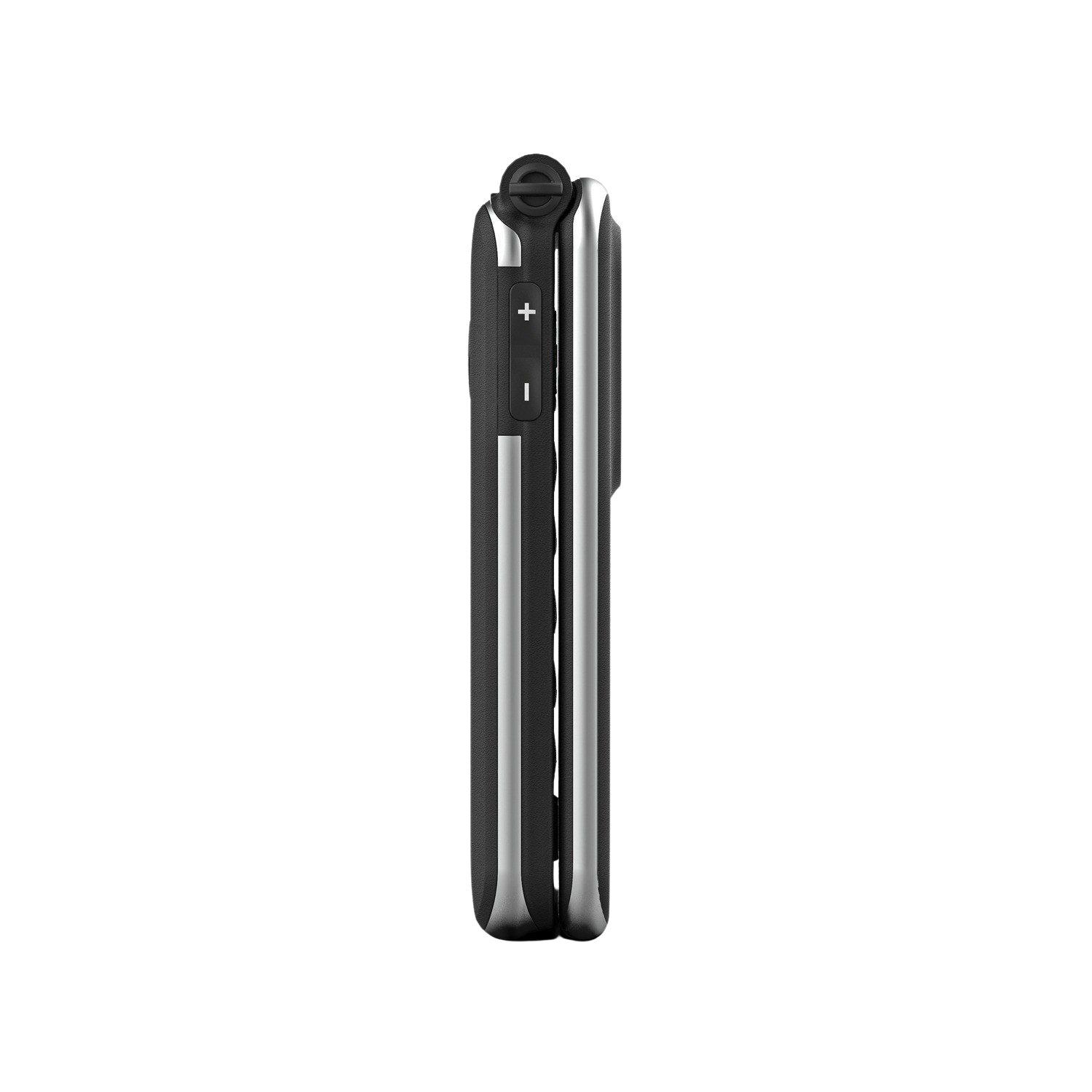 Side view of a closed black and silver smartphone with volume buttons.