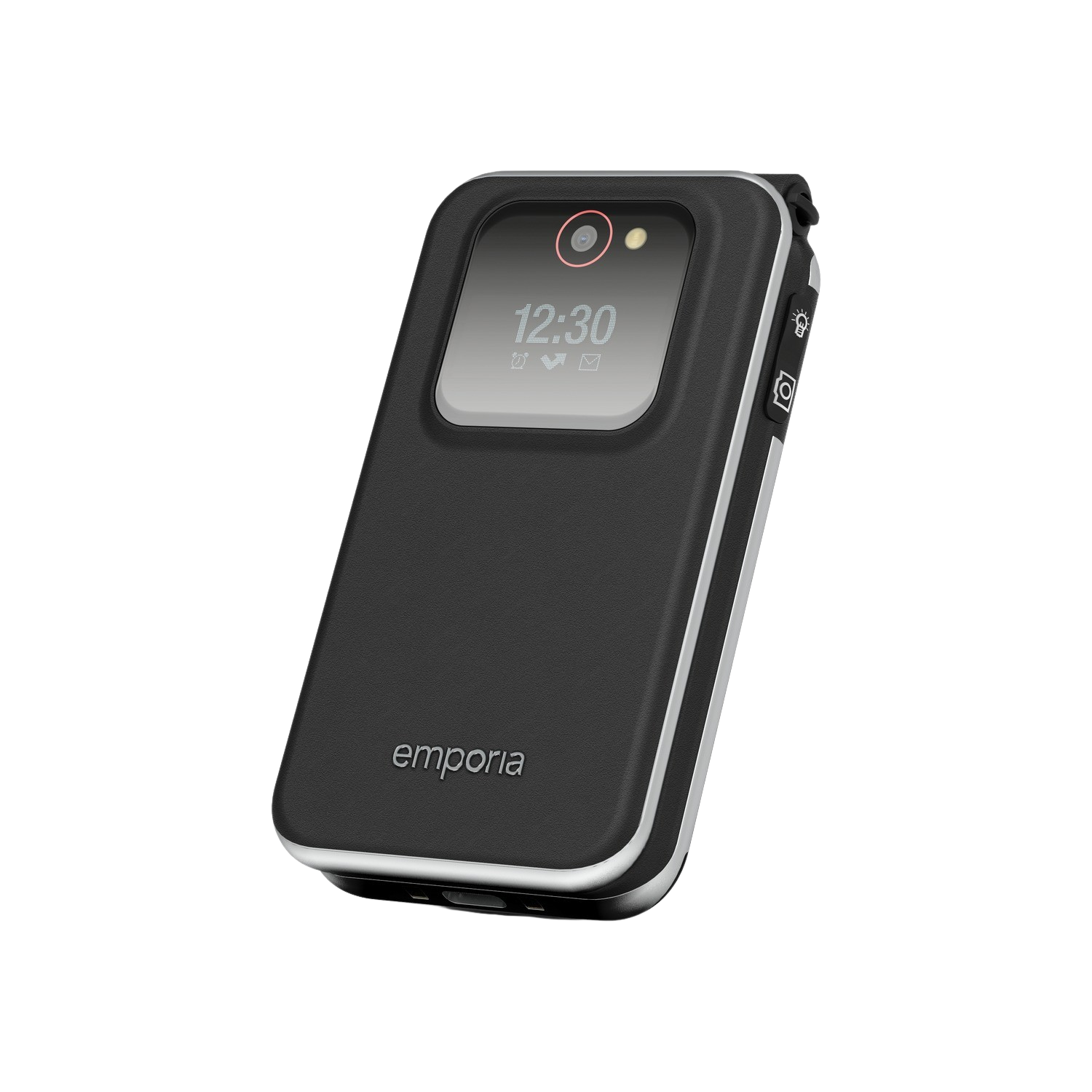 A black flip phone with a small display showing the time, and a camera.