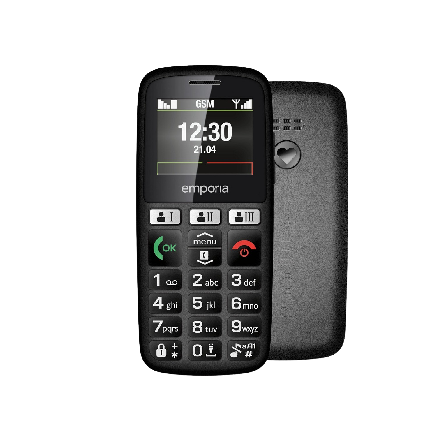 Zwarte emporia telefoon met tijd op het scherm. Achterkant met hart.