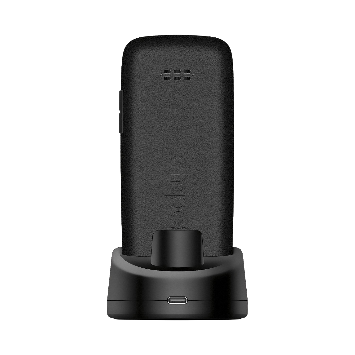 Zwarte telefoonbasis en telefoon. De basis heeft een USB-poort. De telefoon heeft een luidspreker.