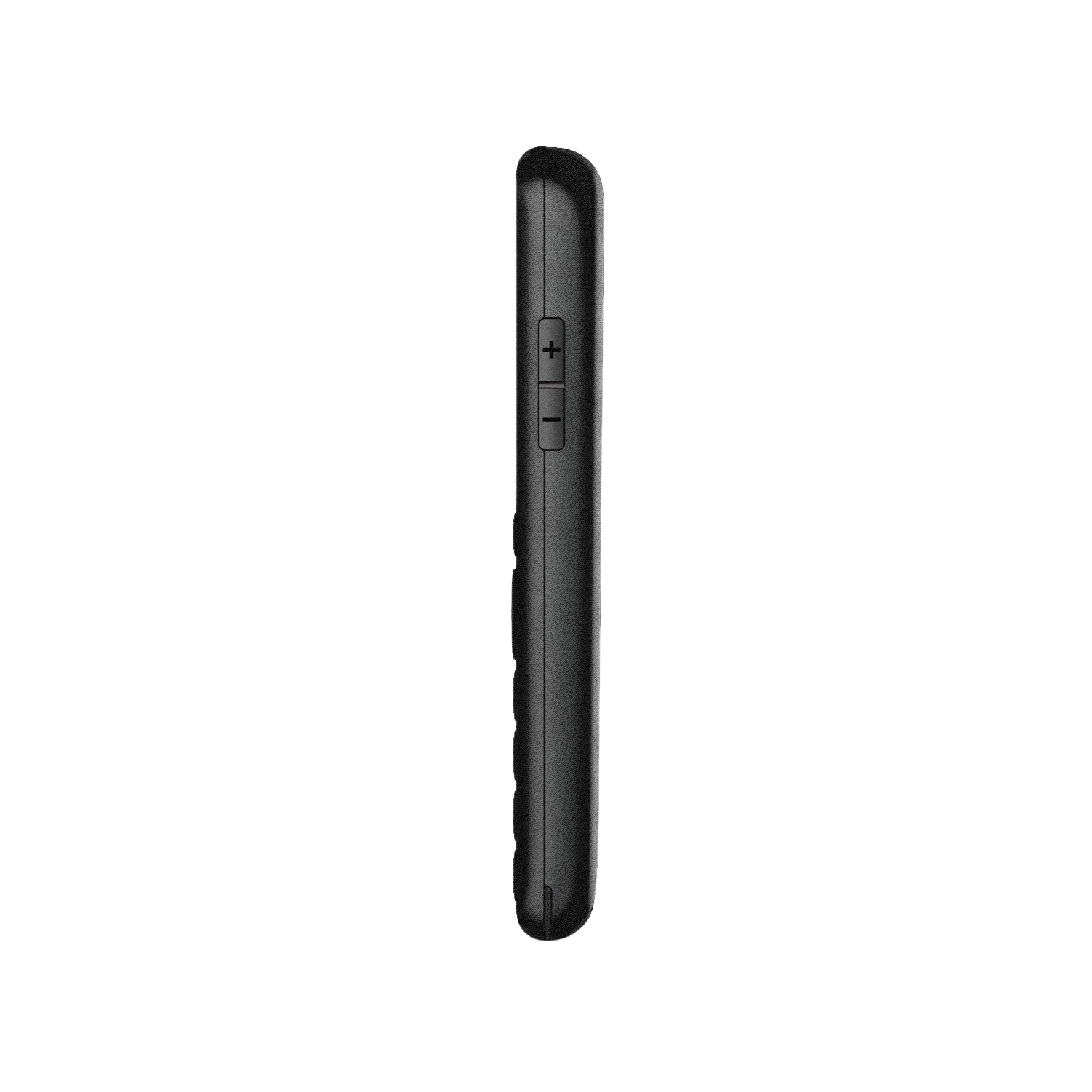 Een zwarte telefoon met volumeknoppen aan de zijkant, op een zwarte achtergrond.