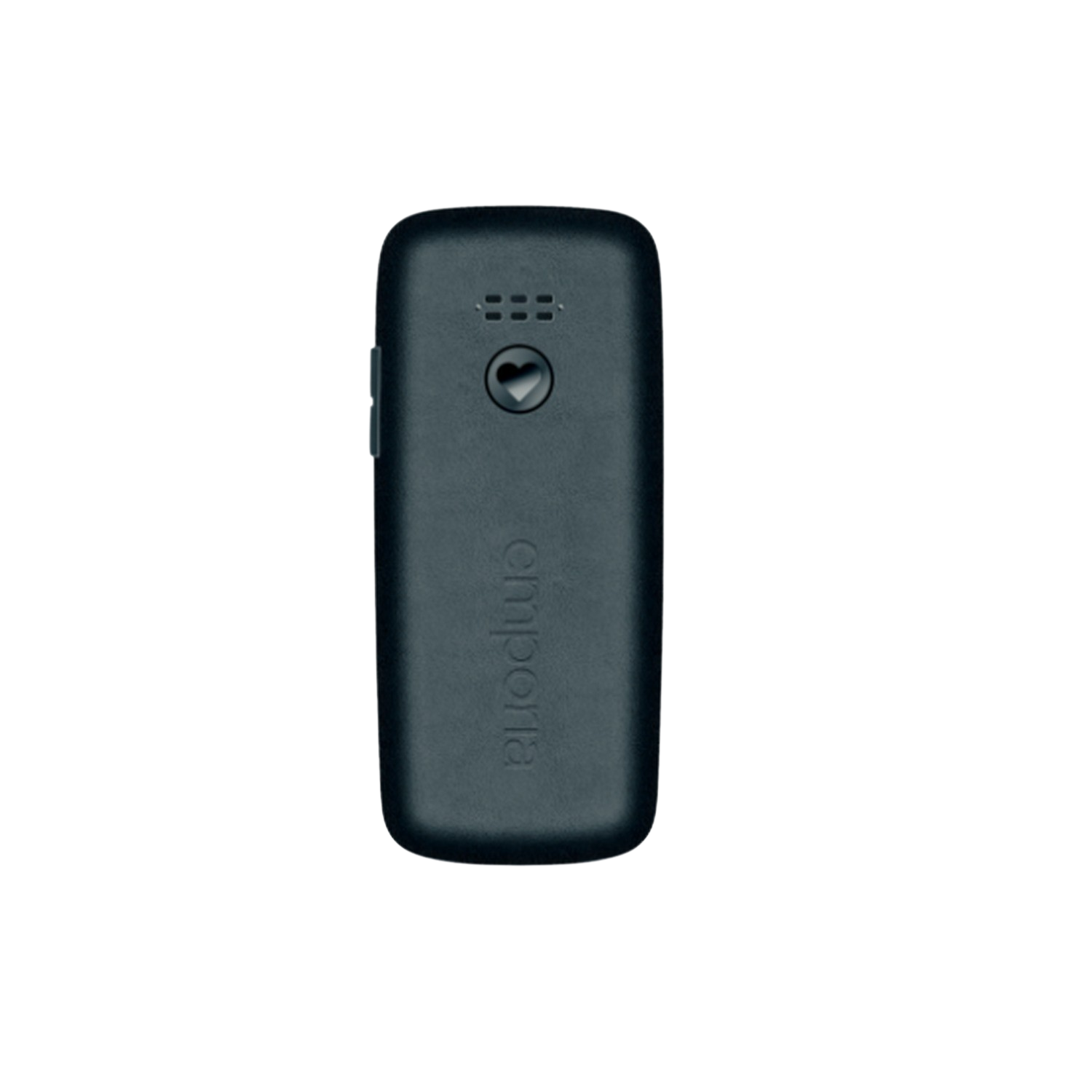 Een zwarte mobiele telefoon met het Emporia-logo op een zwarte ondergrond.
