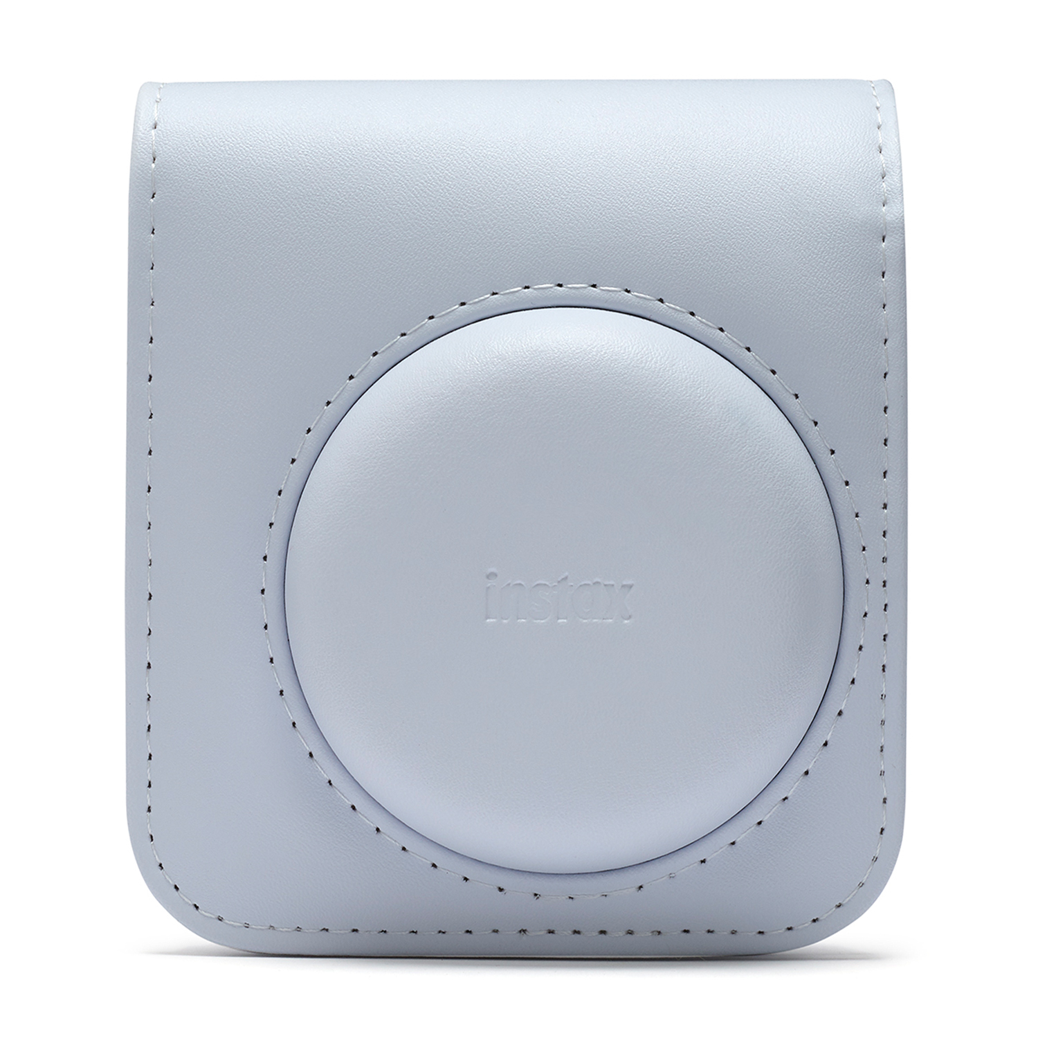 Viene mostrata una custodia per fotocamera Instax azzurra. È chiusa e il marchio 'Instax' è visibile.