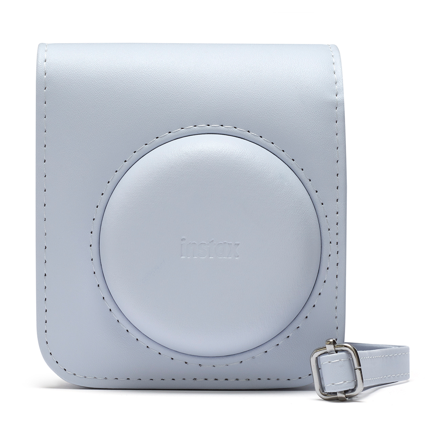 Custodia Instax azzurra con cinturino e fibbia.