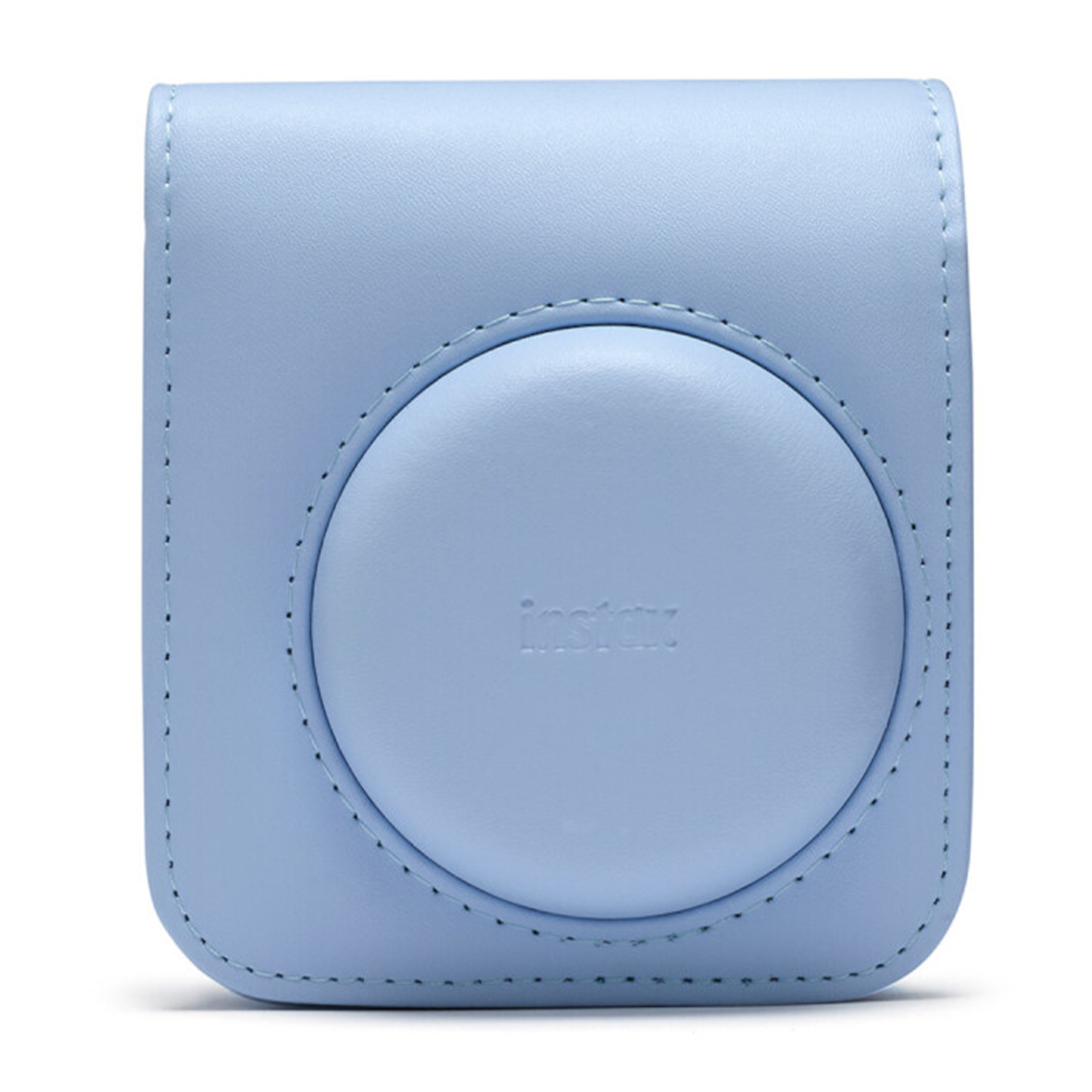 Custodia per fotocamera azzurra con copertura per obiettivo circolare. Cuciture sui bordi.