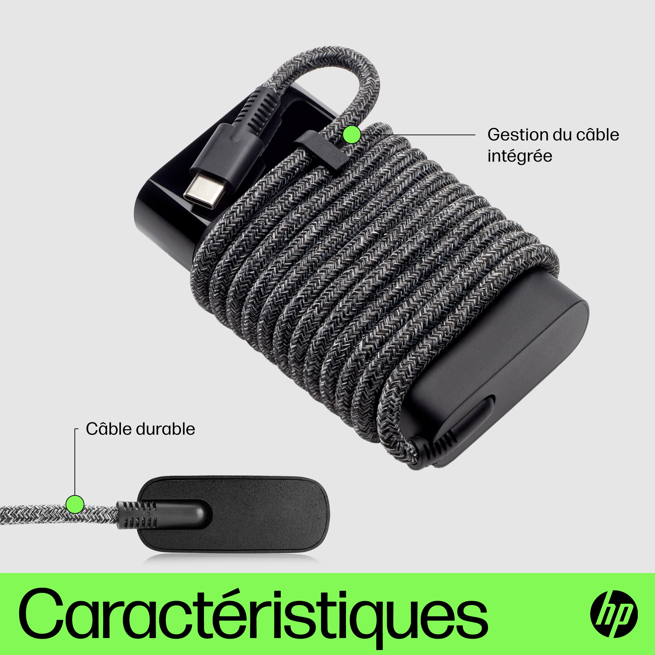 HP cable, wrapped, with cable management and durable cord, with hp logo.