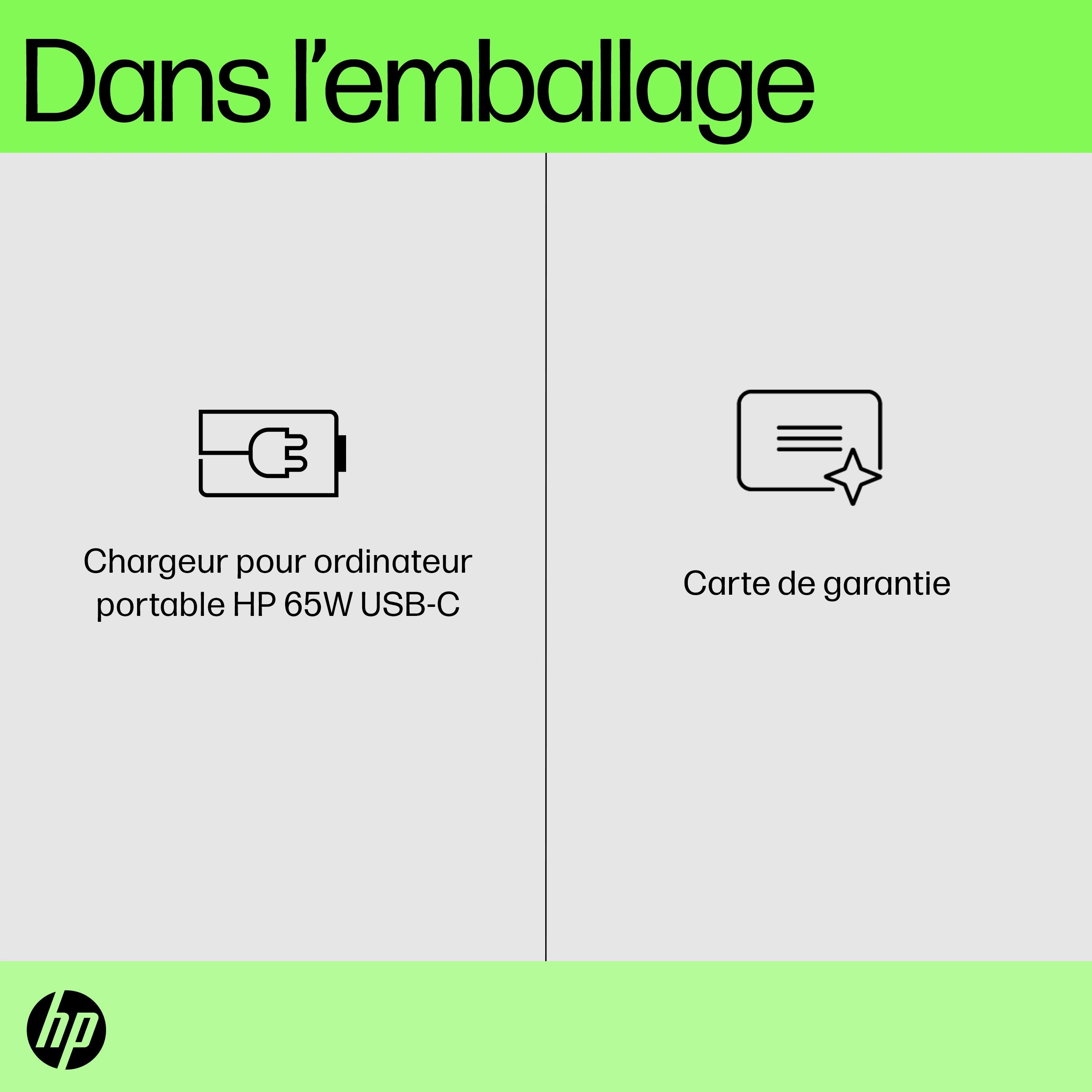 HP packaging with charger and warranty card icons, text in French, and the HP logo in green.