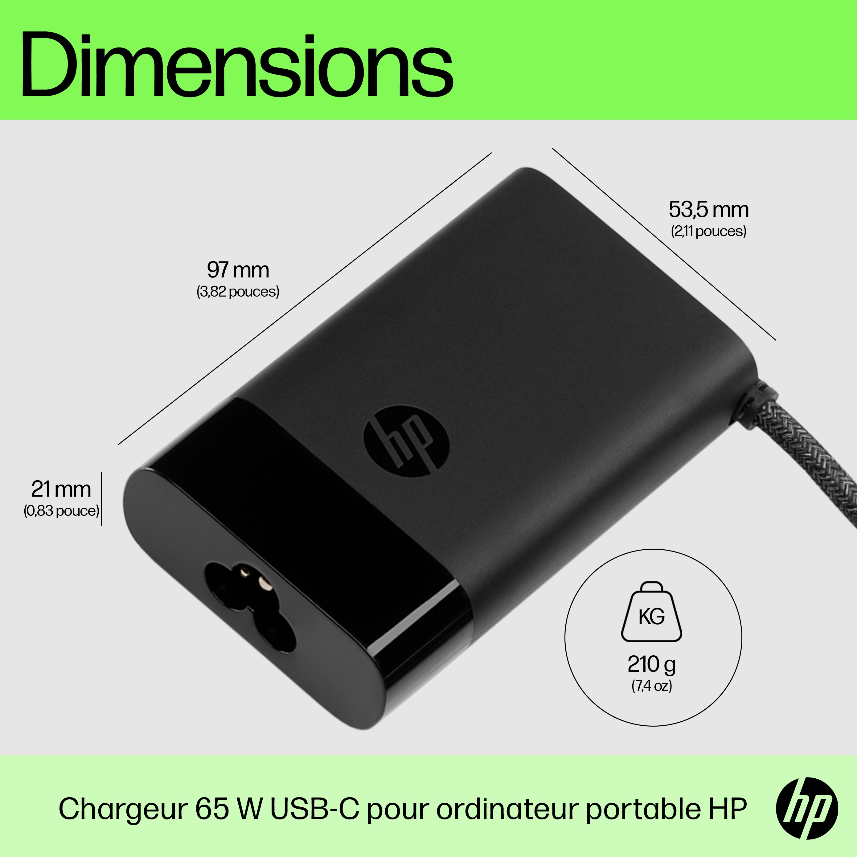 Black HP laptop charger showing dimensions. It has the HP logo and the text dimensions.