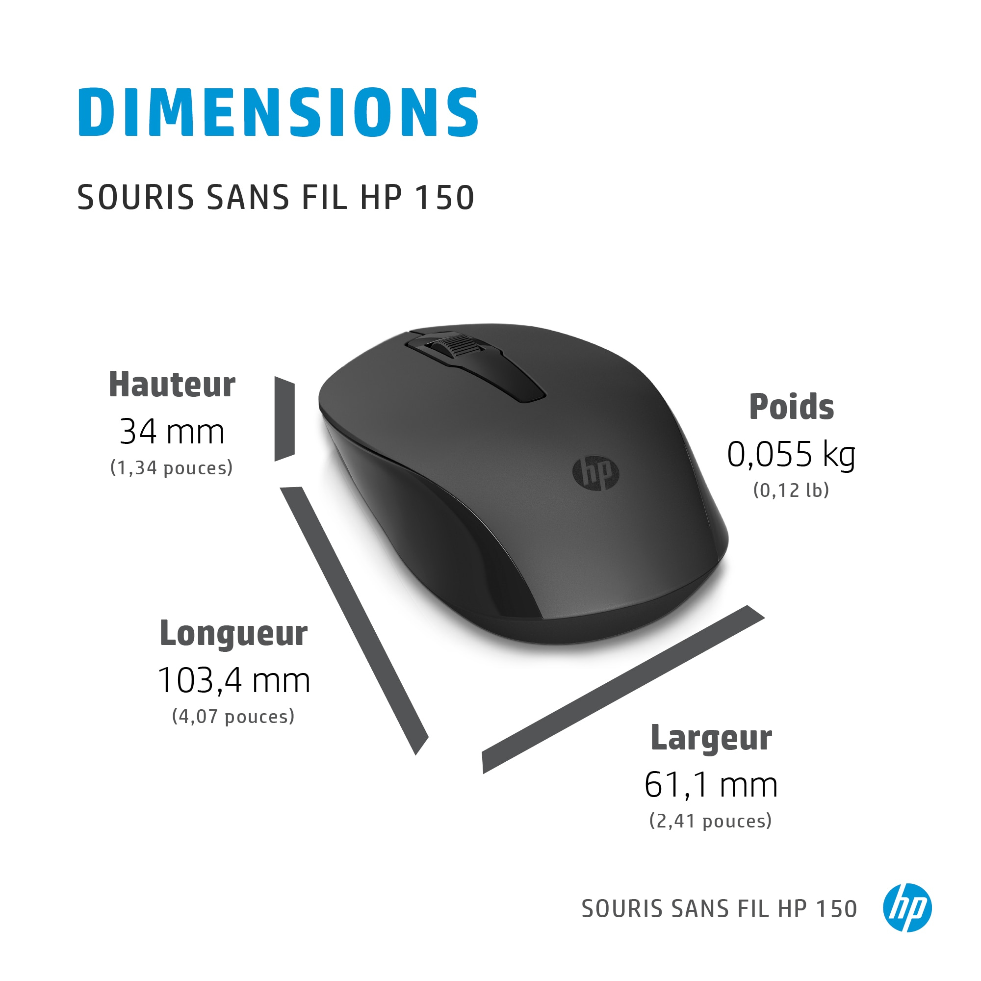 Black HP wireless mouse. Dimensions are displayed: height, length, and width.