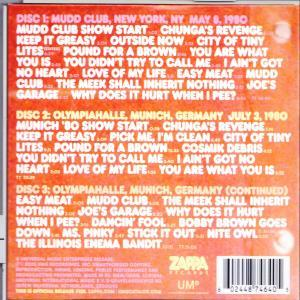 Dos d'un album de musique de Zappa avec des titres de chansons. Fond orange avec texte noir et code-barres.