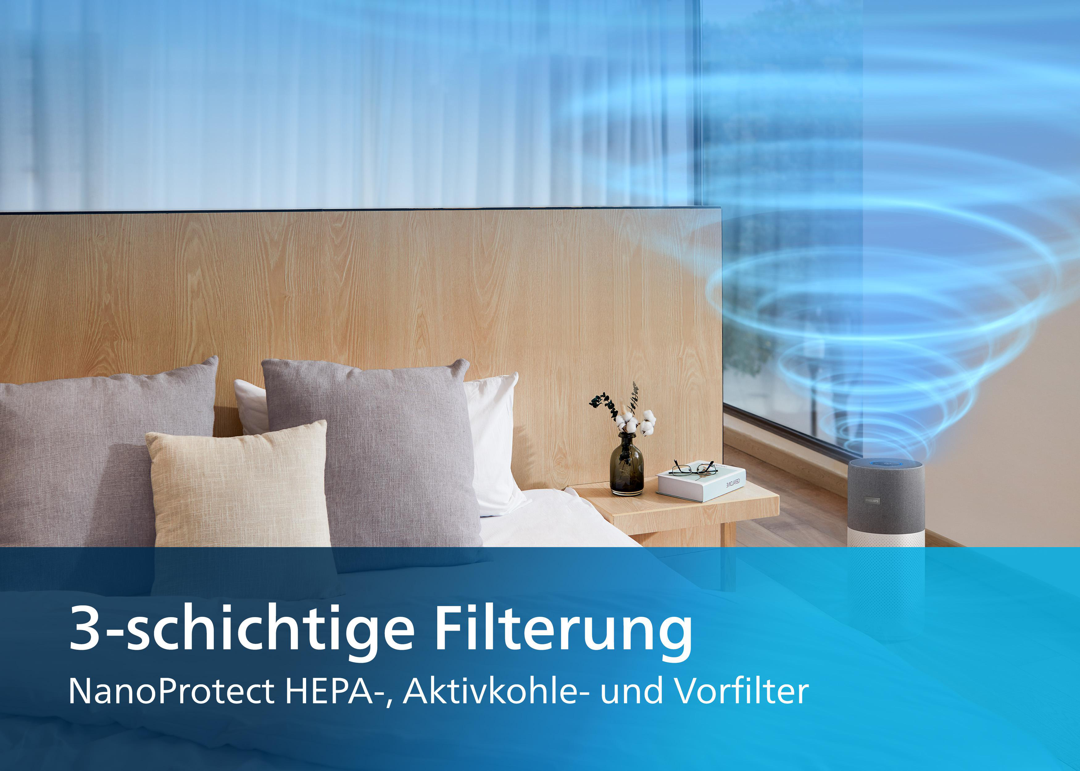 Schlafzimmer-Szene mit Bett, Kissen und einem Luftreiniger mit blauem Wirbelfilterdesign.