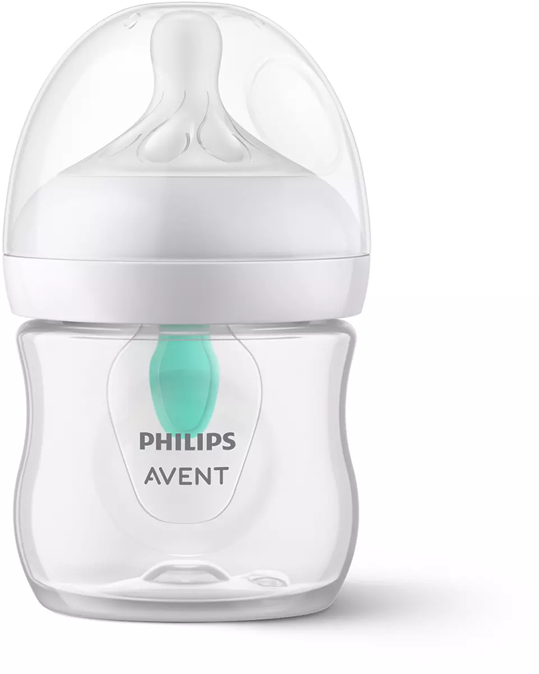 Egy Philips Avent bébiüveg, átlátszó, fehér tetővel és zöld cumivédővel.